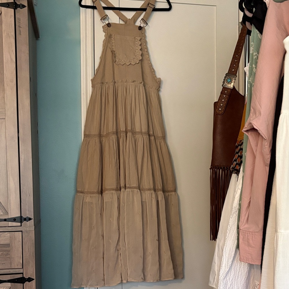 Neutral Beige Tiered Pinafore Maxi Dress